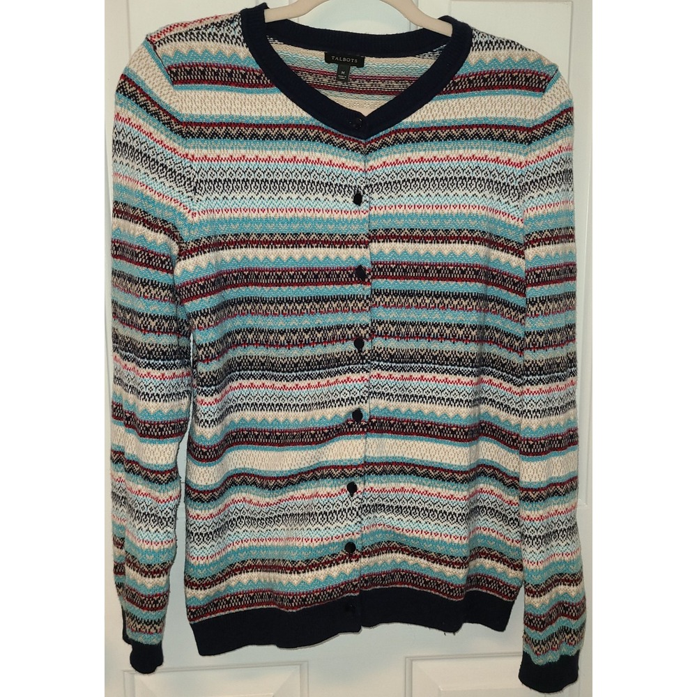 Talbots Nordic Striped LambsWool Cardigan Sweater Women's‎ Sz Med Button Up